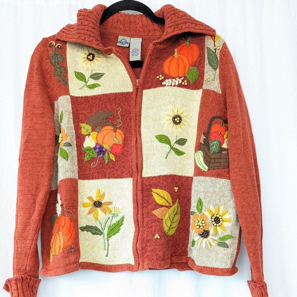 Vintage Autumn Embroidered Fall Harvest Orange Sweater Size Medium - Picture 4 of 14
